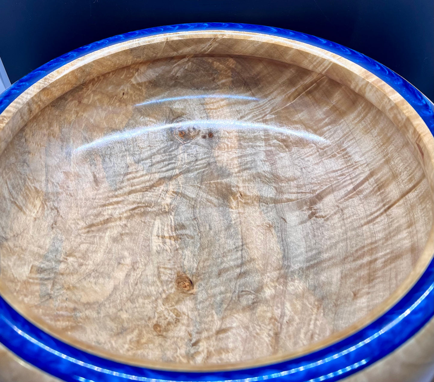 Hand Turned Very curly Maple Bowl with Deep Blue colored resin Rim