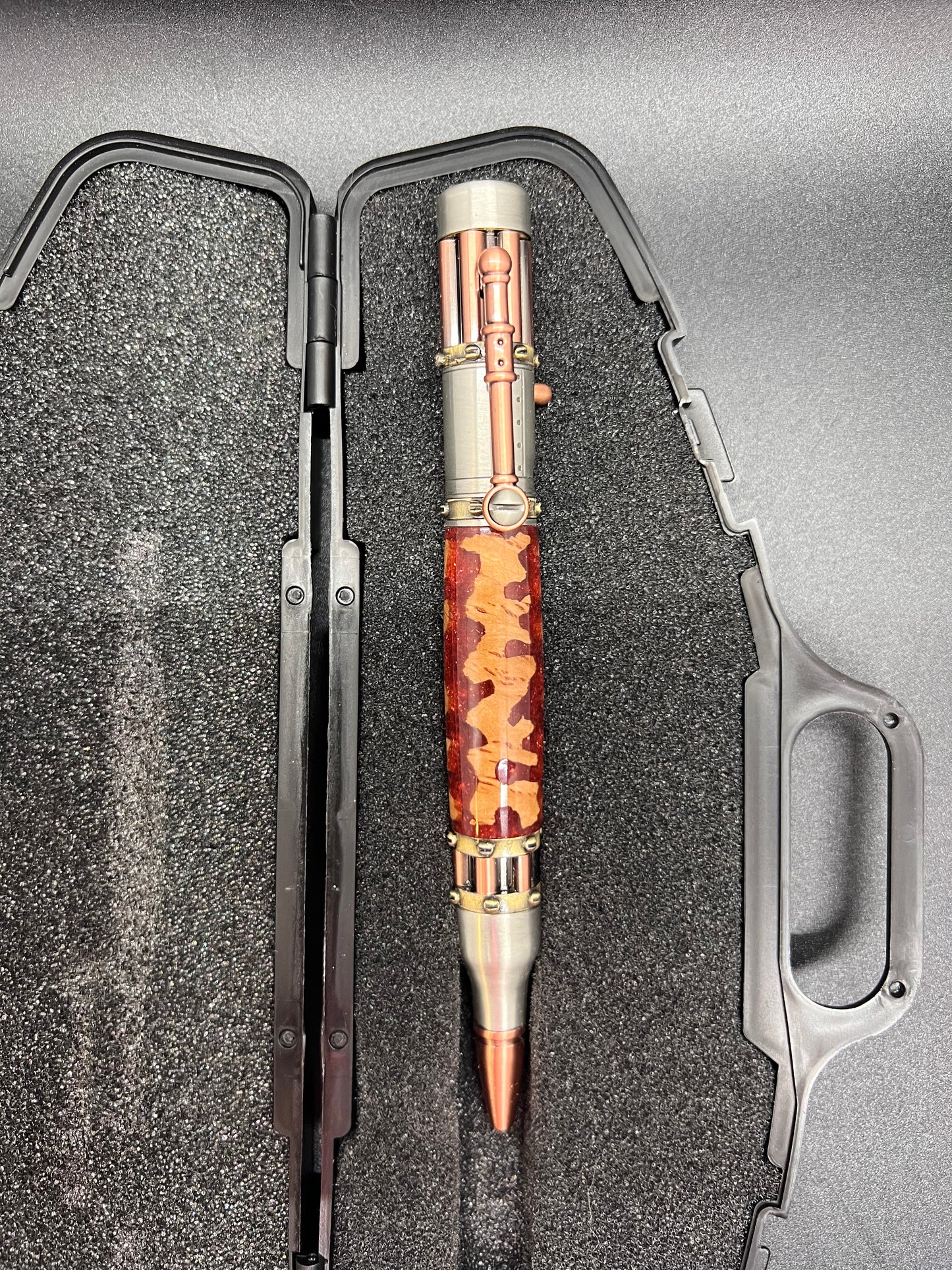 Steampunk Bolt Action Pen with Mallee Burl and Atomic Flare colored resin