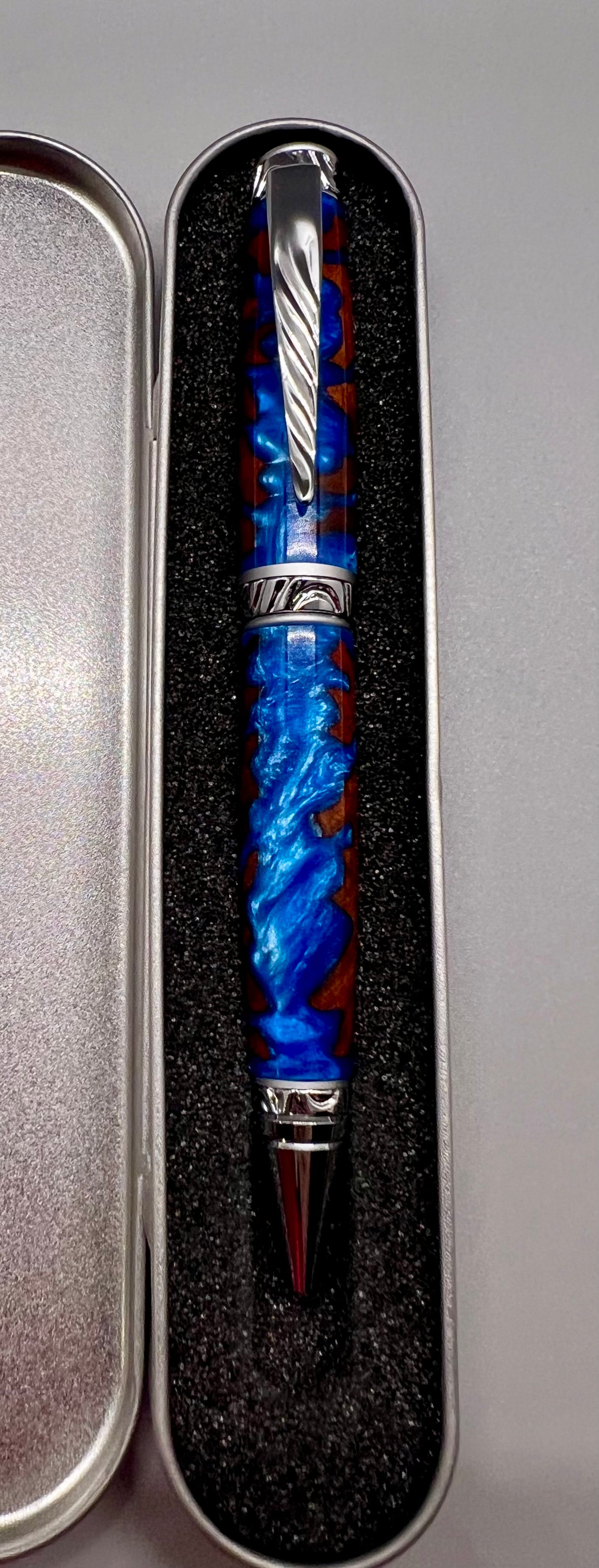 RARE Amboyna Burl Ultra Cigar Twist Pen encased with Blue resin