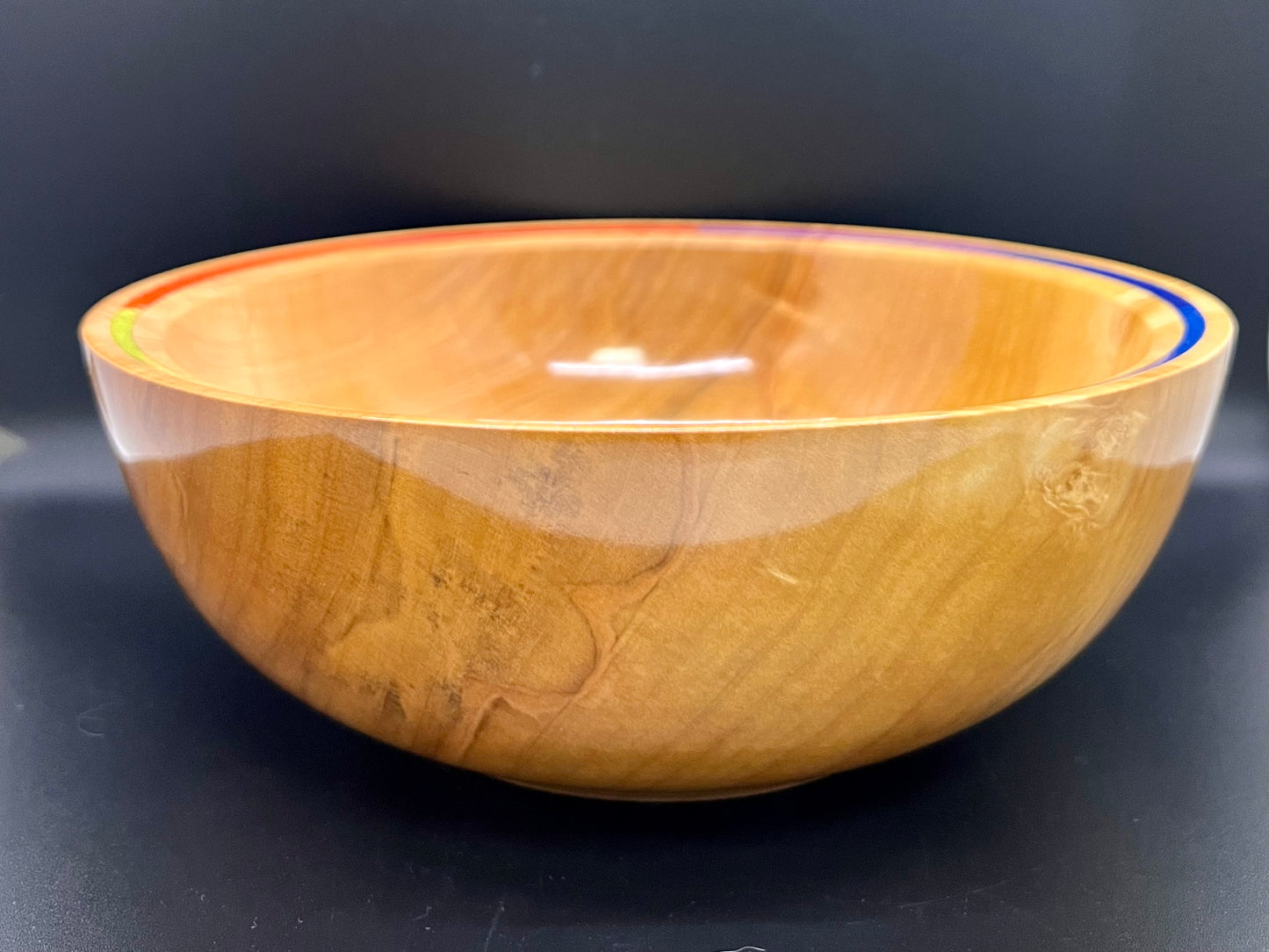 Hand turned Curly Maple Bowl with rainbow inlay