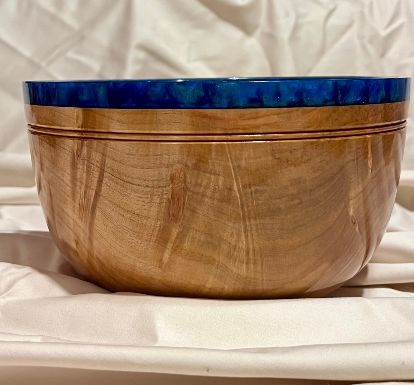 Hand turned curly Maple Bowl with Deep Blue Rim