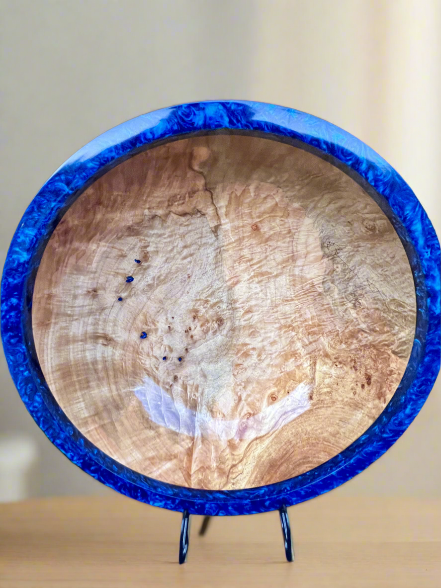 15 Inch Hand Turned Very curly Maple Bowl with Deep Blue colored resin Rim