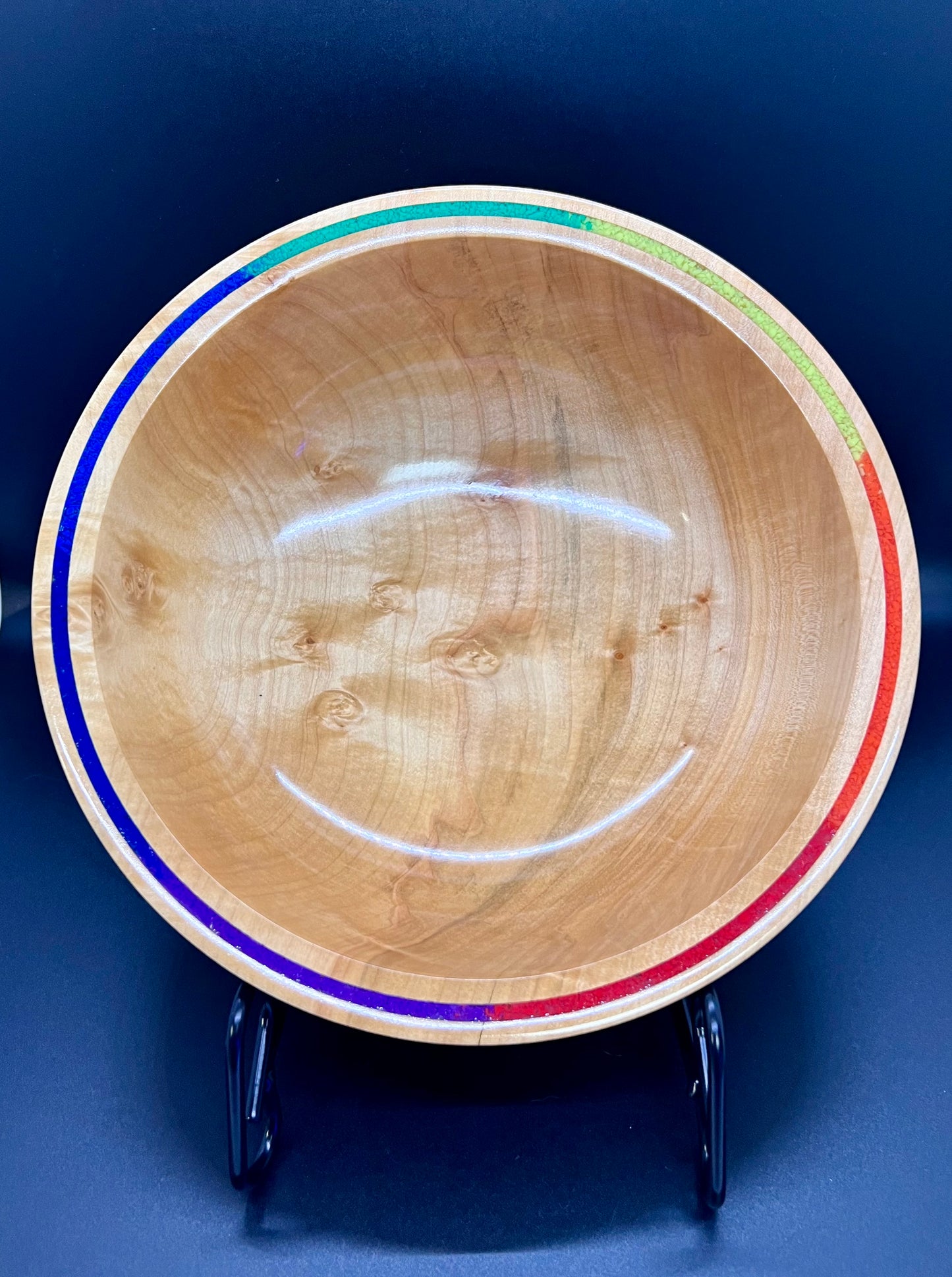 Hand turned Curly Maple Bowl with rainbow inlay