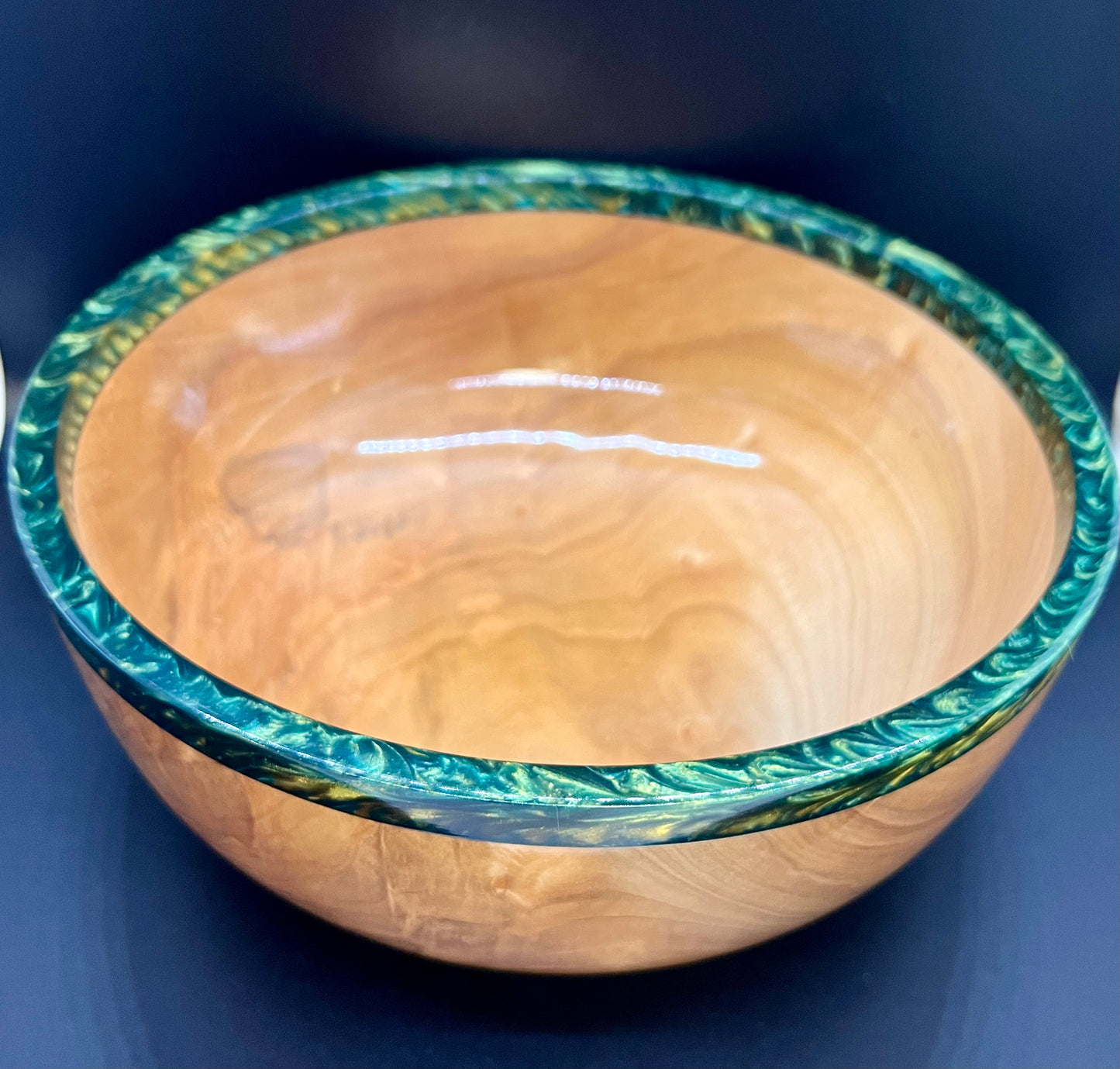 Hand turned curly Maple Bowl with Green and Gold rim