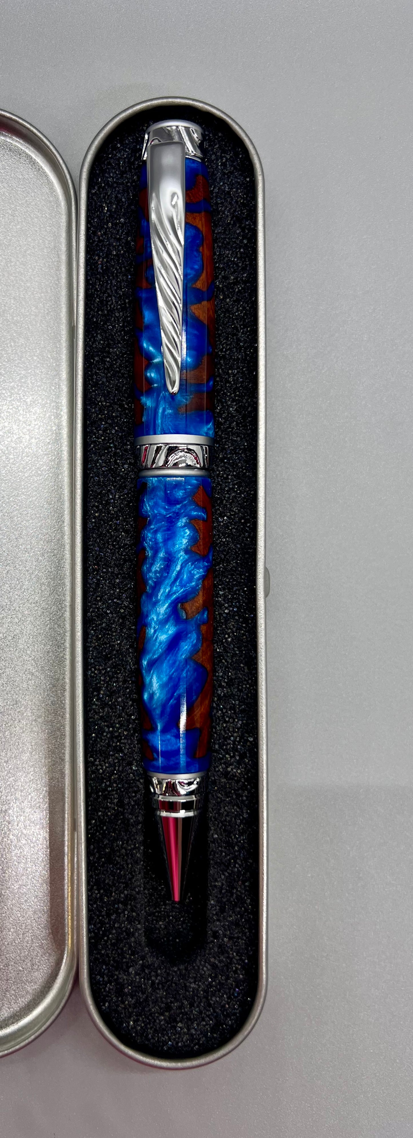 RARE Amboyna Burl Ultra Cigar Twist Pen encased with Blue resin