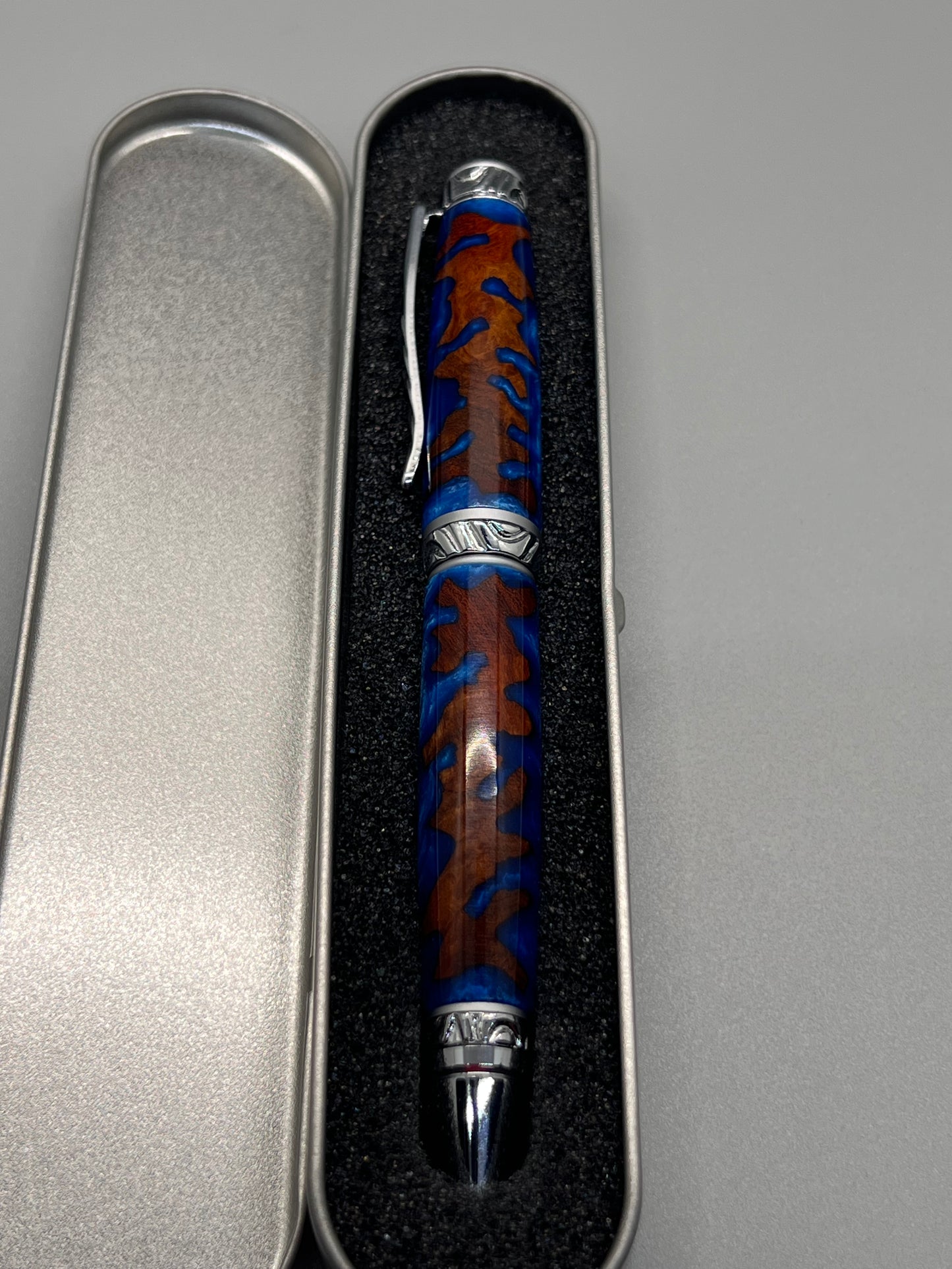 RARE Amboyna Burl Ultra Cigar Twist Pen encased with Blue resin