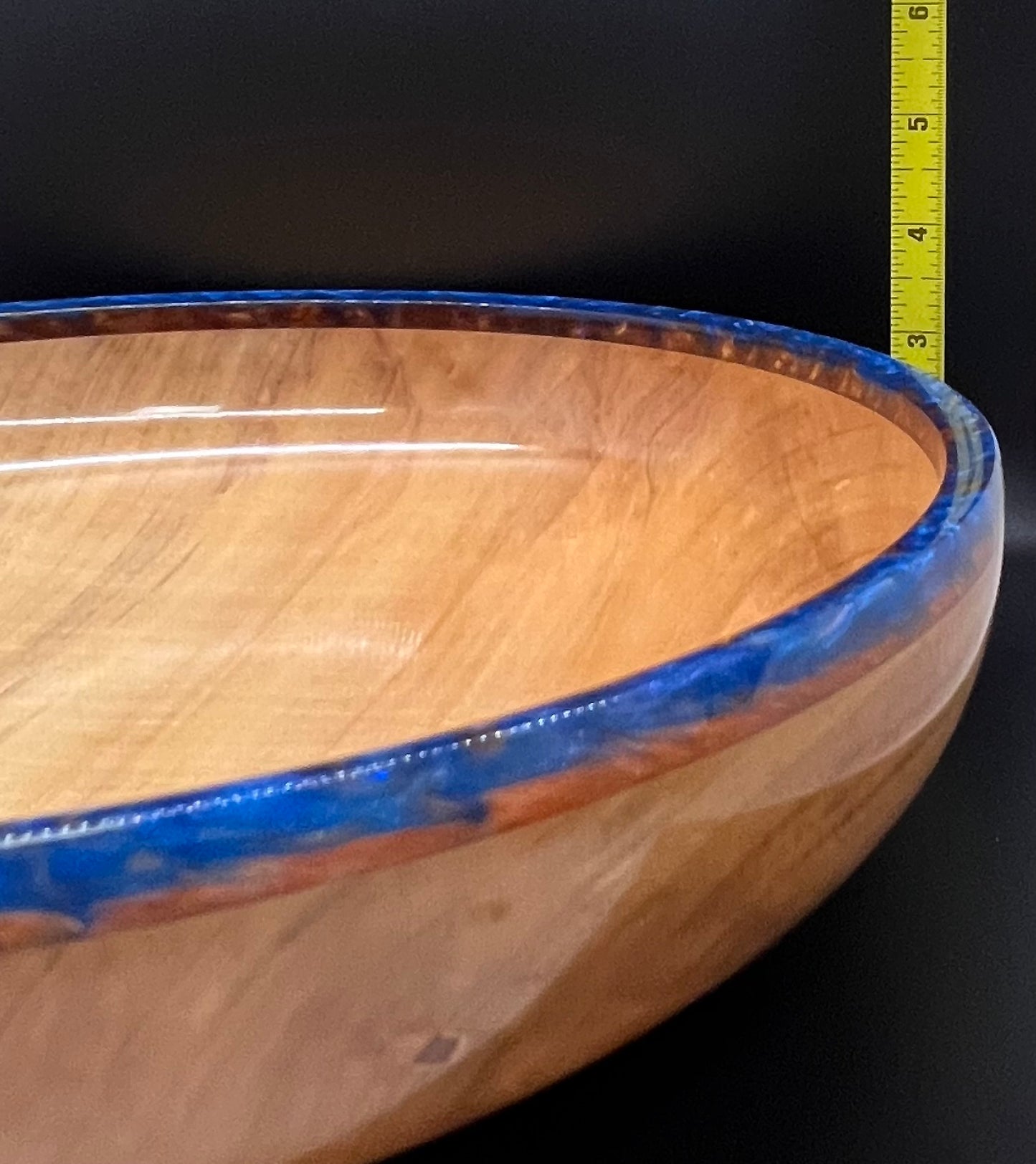 Hand turned curly Maple Bowl with Blue and Gold rim