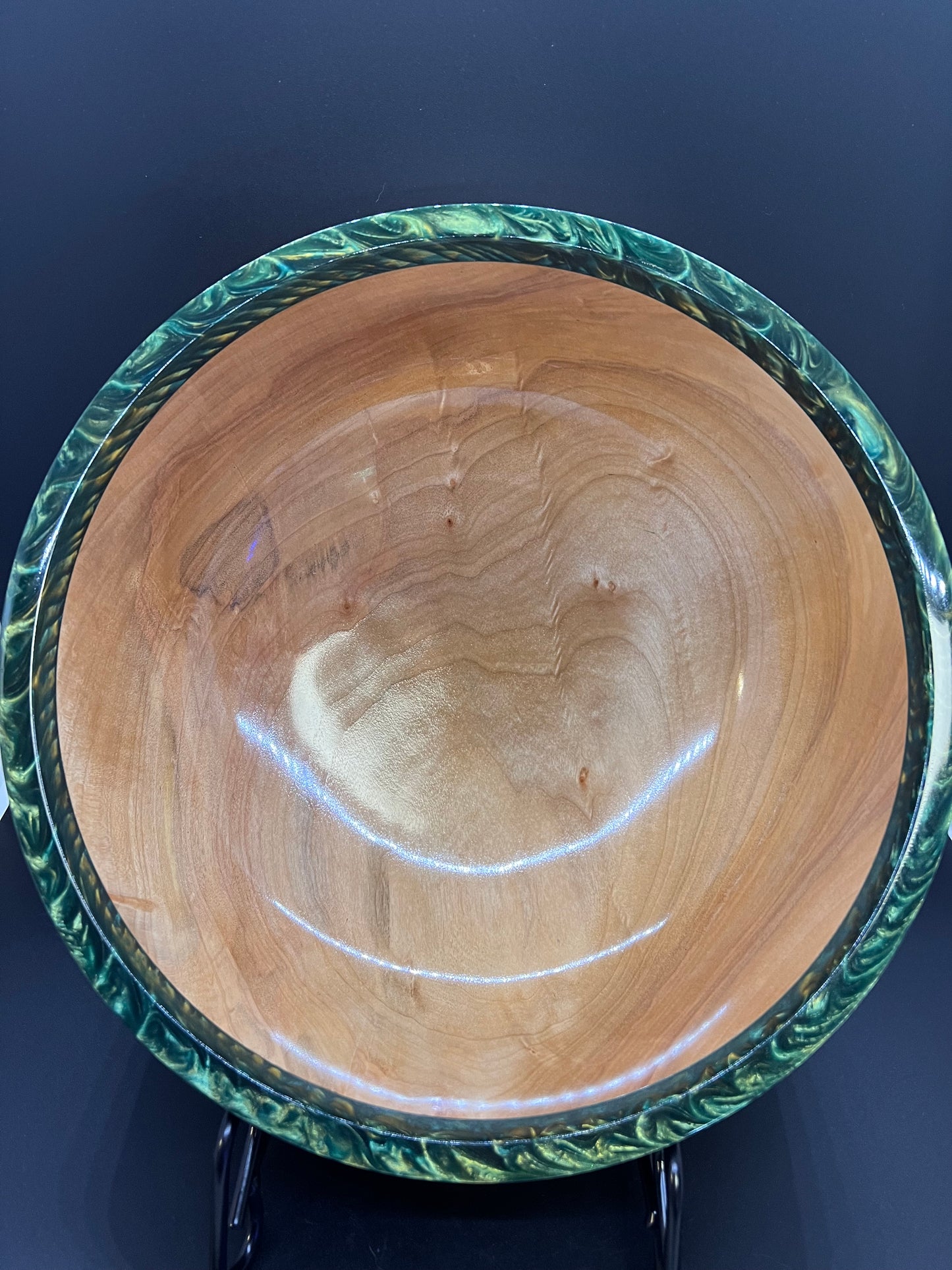 Hand turned curly Maple Bowl with Green and Gold rim