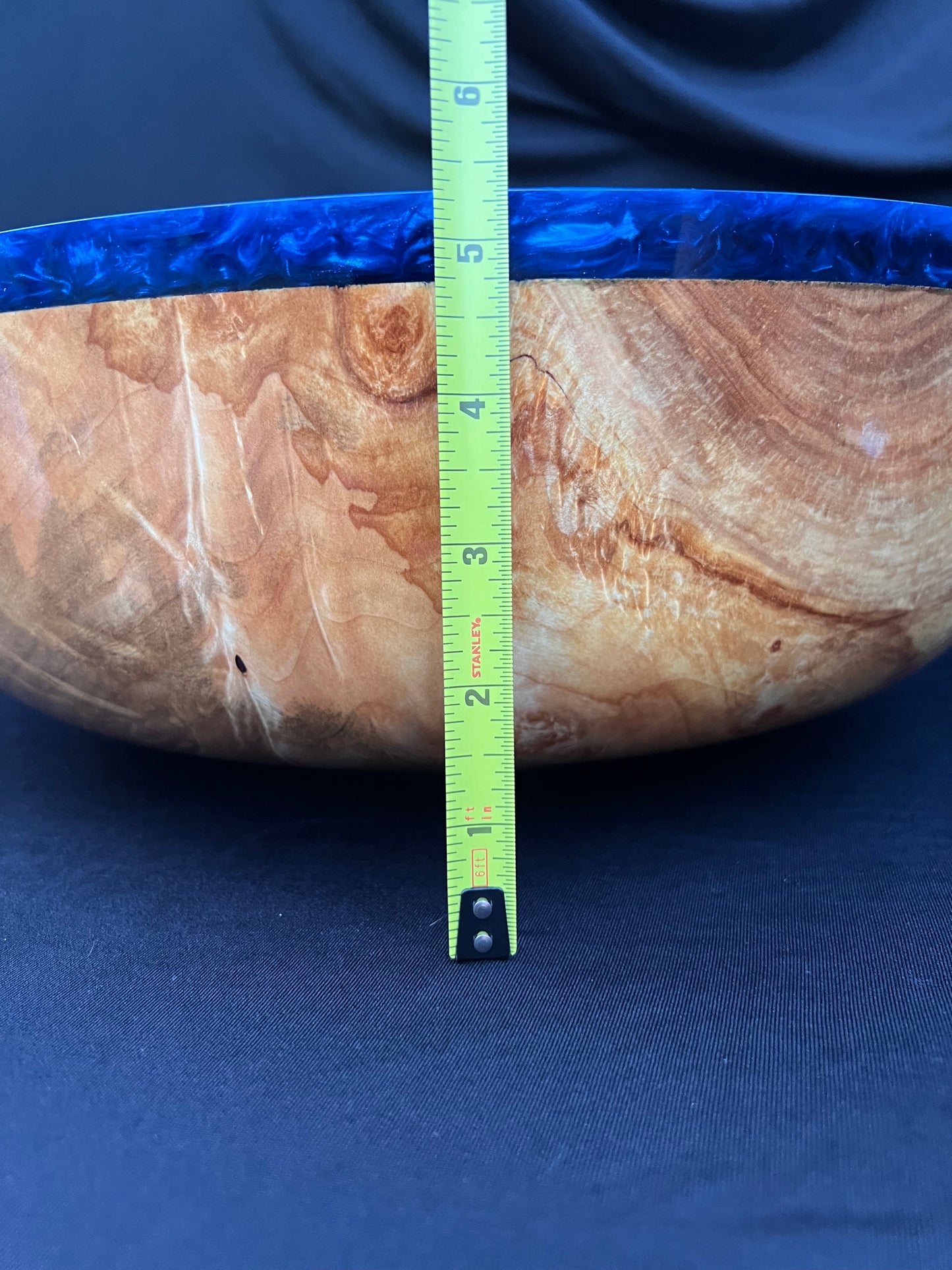 15 Inch Hand Turned Very curly Maple Bowl with Deep Blue colored resin Rim