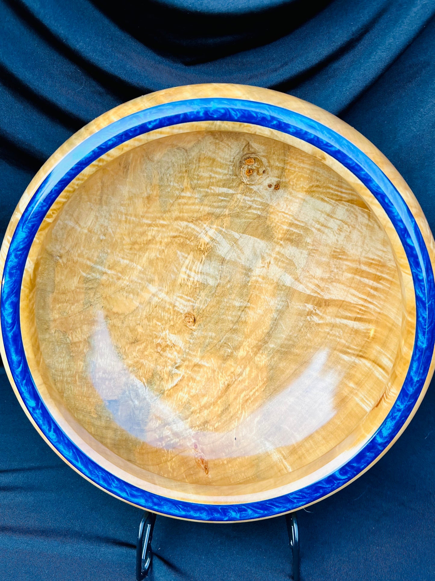 Hand Turned Very curly Maple Bowl with Deep Blue colored resin Rim