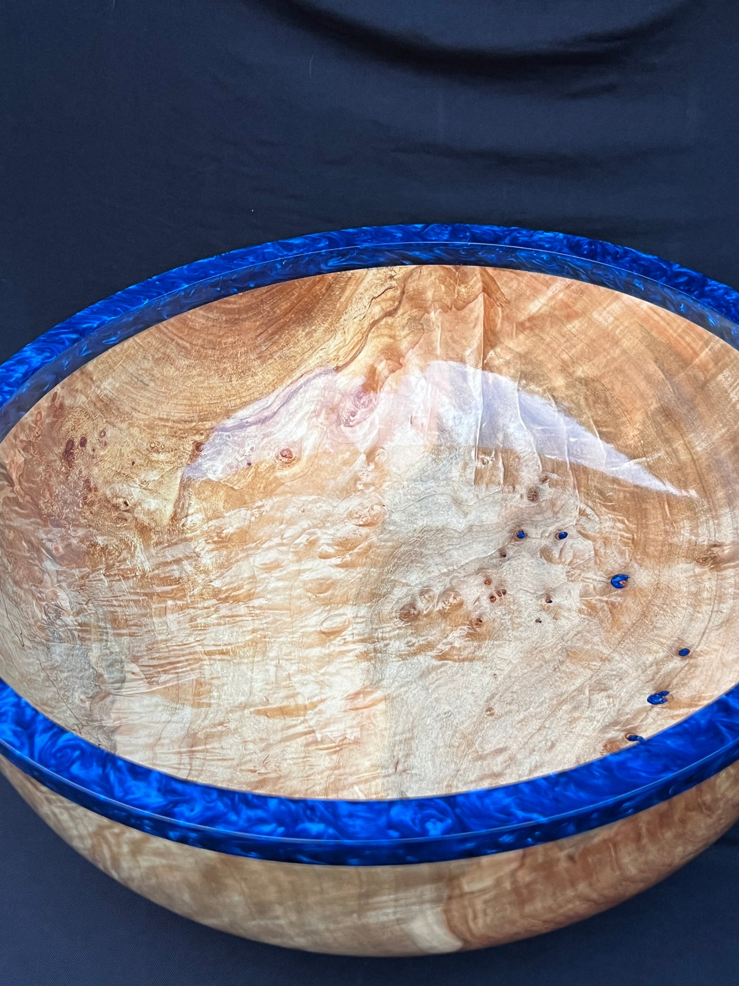 15 Inch Hand Turned Very curly Maple Bowl with Deep Blue colored resin Rim