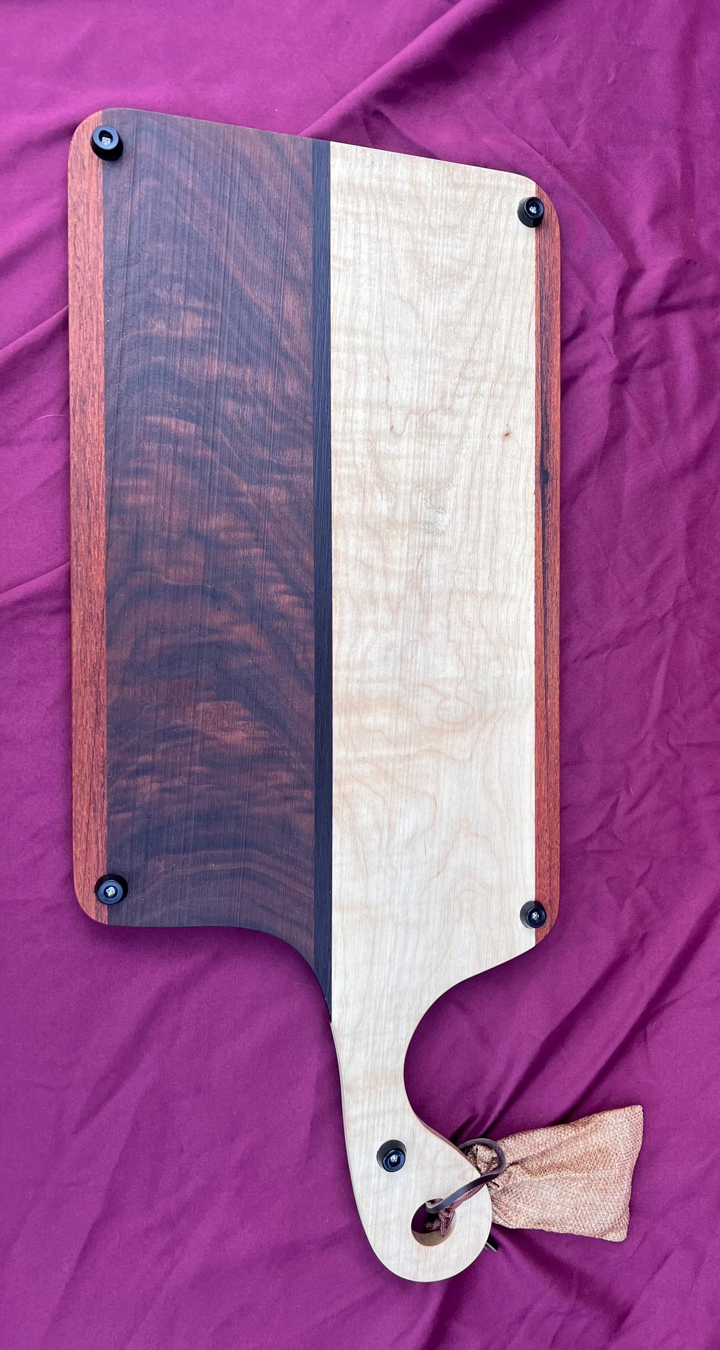 Charcuterie board Curly Walnut, Curly Maple, accented with Wenge & Mahogany