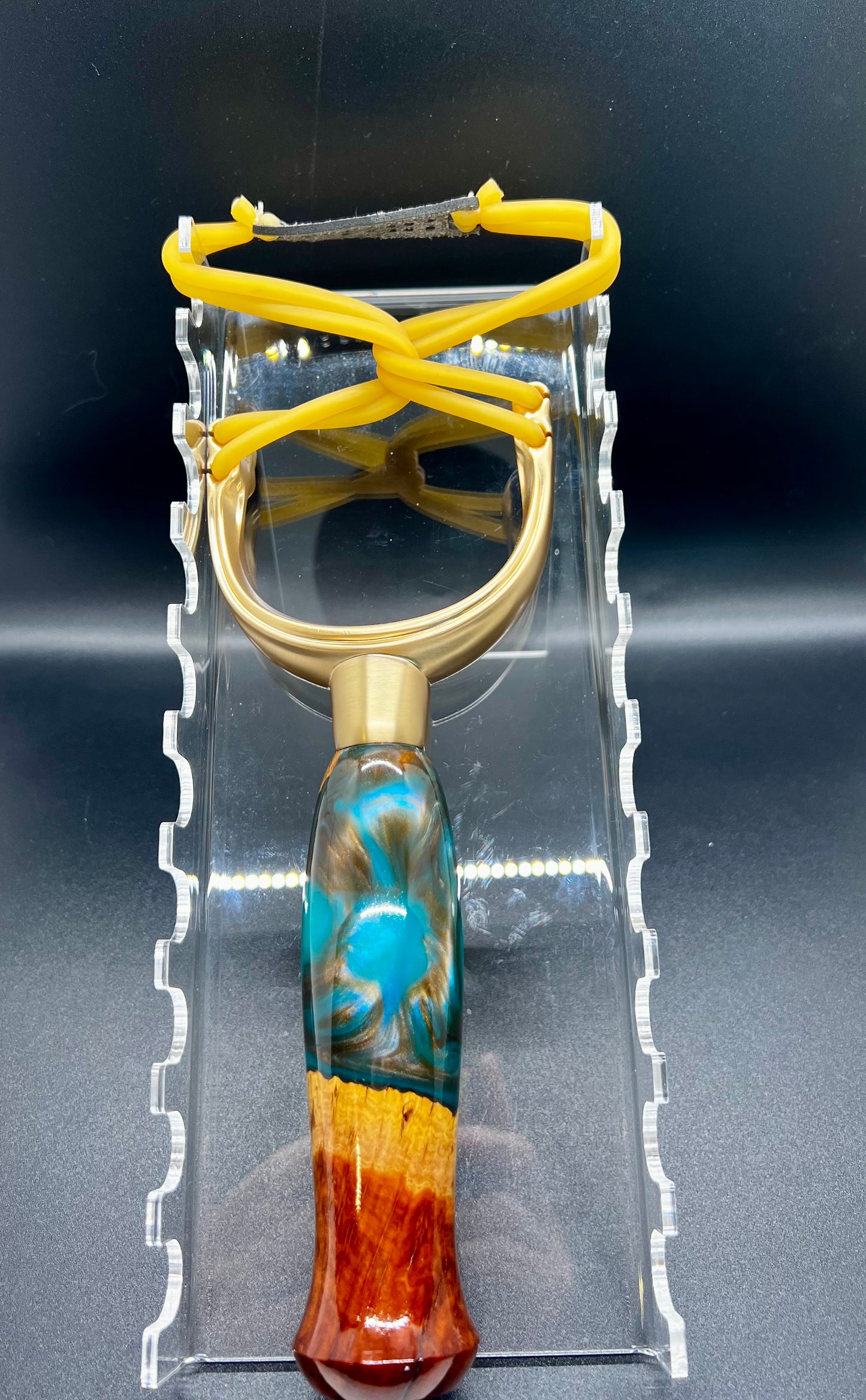 Slingshot-Mallee Burl-Teal, Blue and Copper colored resin